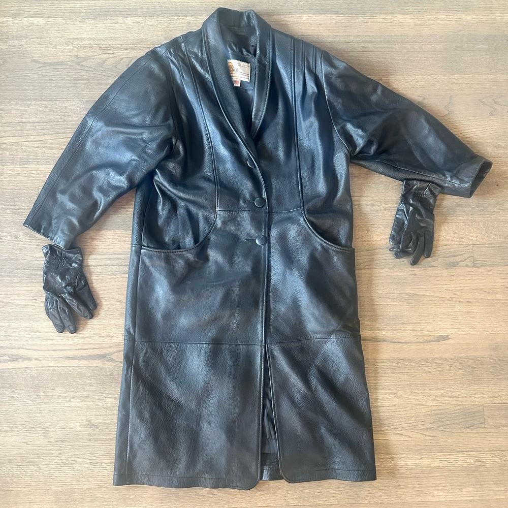 Vintage Genuine Leather W.B. Place Trench Coat-Black-Size Medium